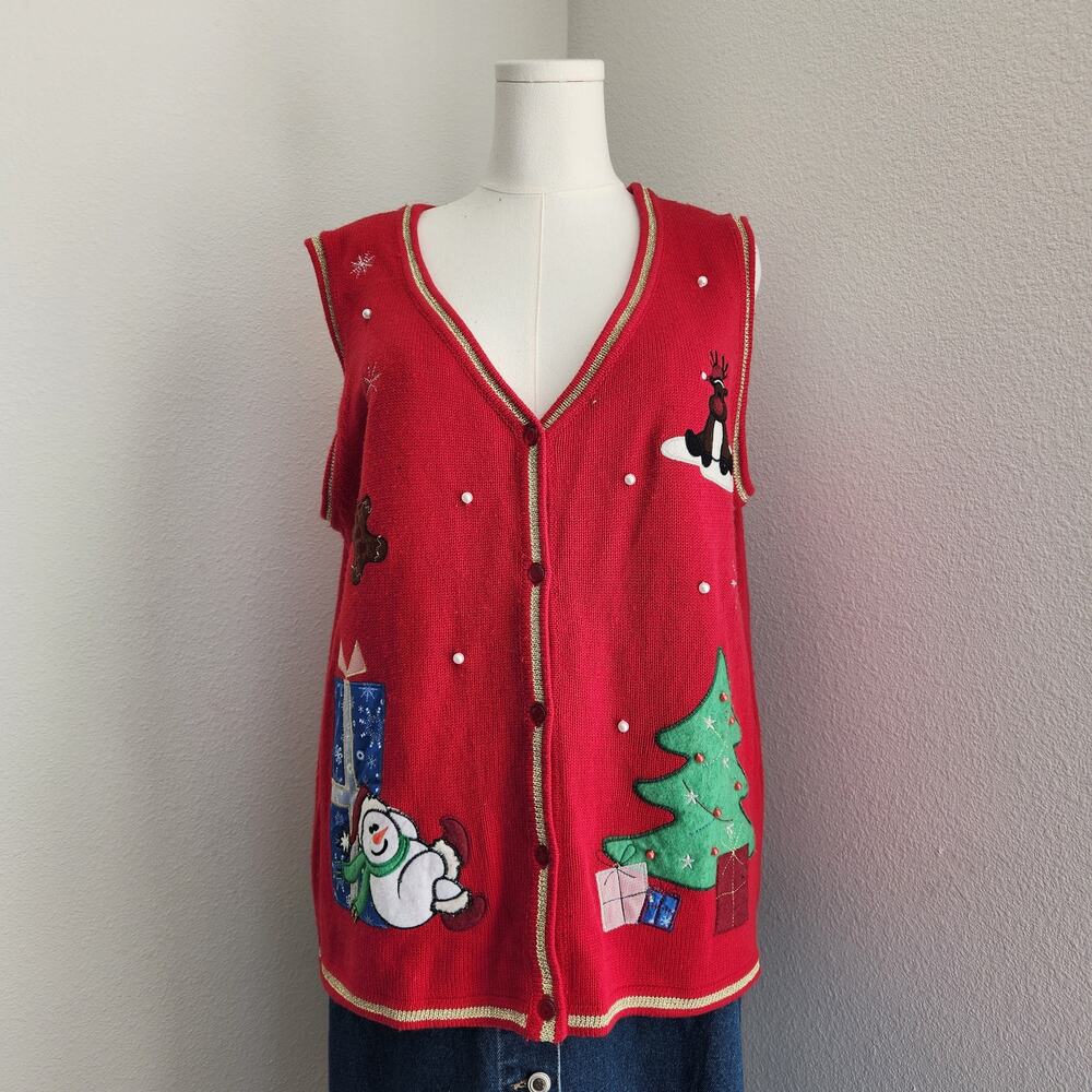 Vintage Y2K White Stag Red Knit Ugly Christmas Sweater Vest Holiday Theme L